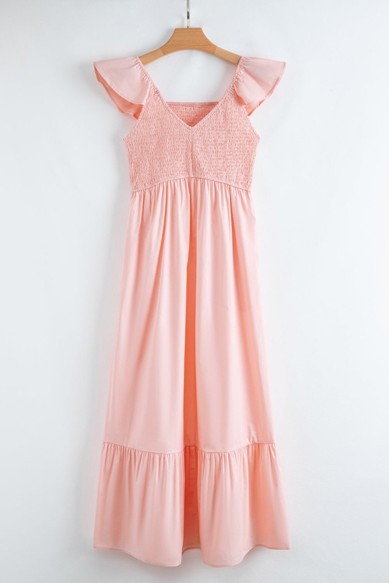 Pink V Neck Flutter Sleeve Smocked Bodice Maxi Dress - Love Salve