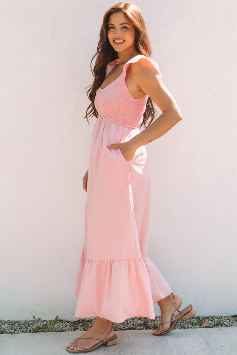 Pink V Neck Flutter Sleeve Smocked Bodice Maxi Dress - Love Salve
