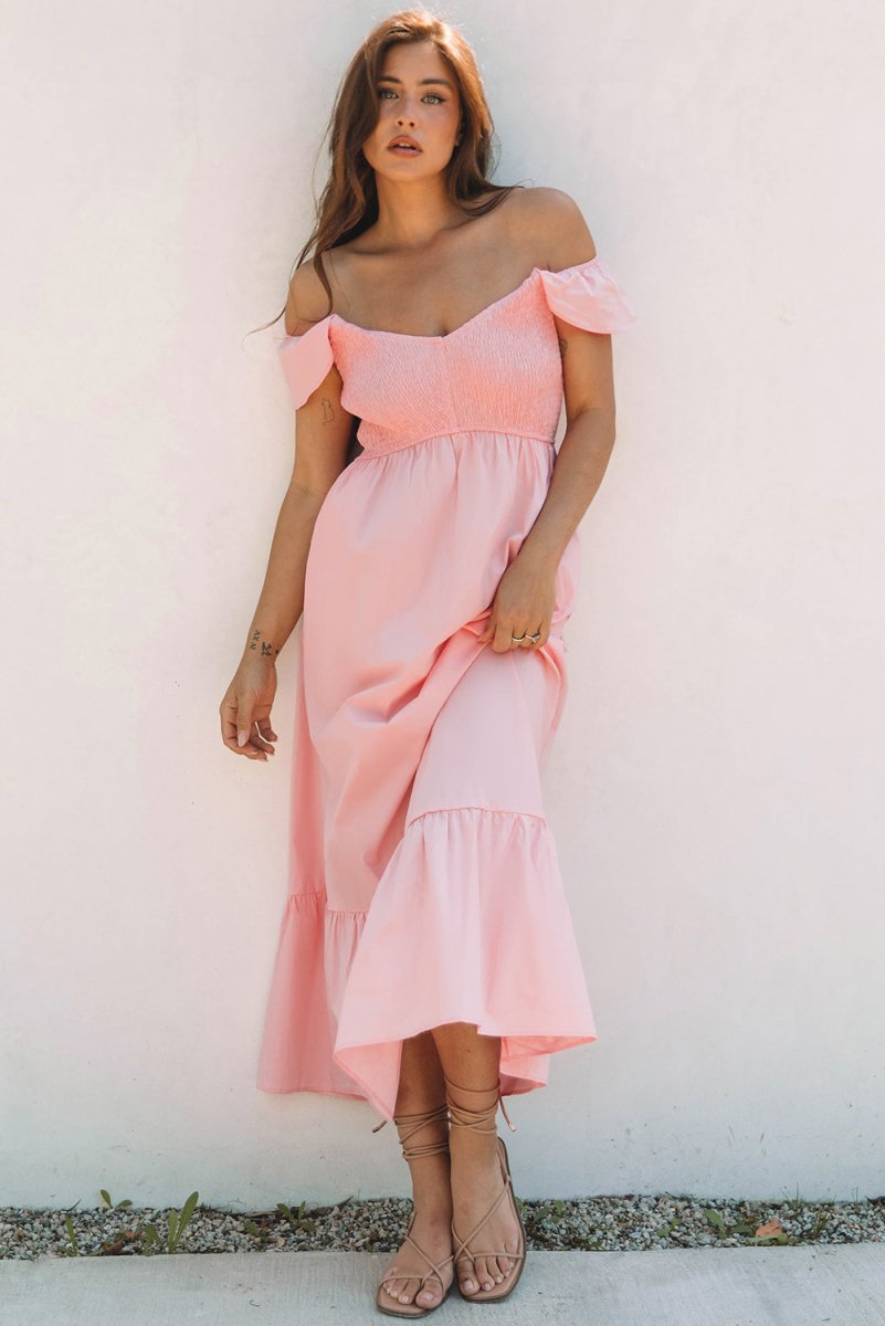Pink V Neck Flutter Sleeve Smocked Bodice Maxi Dress - Love Salve