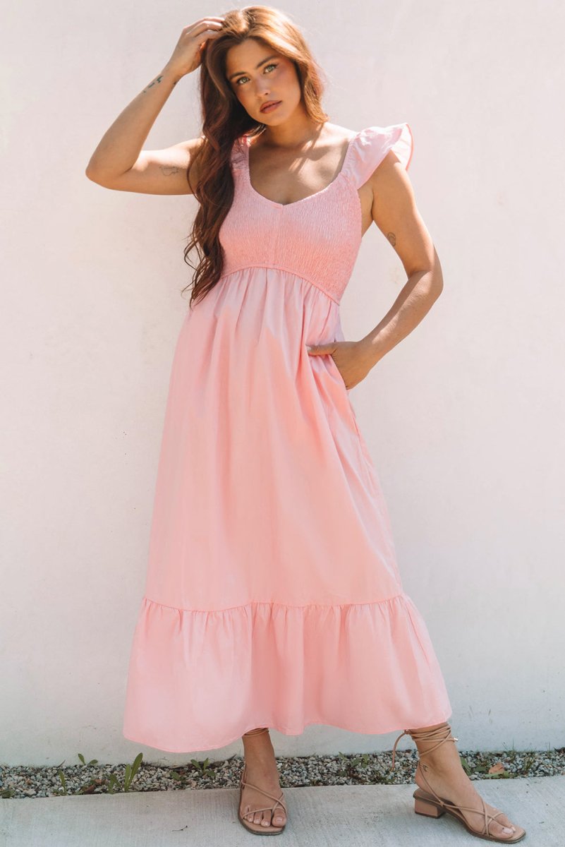 Pink V Neck Flutter Sleeve Smocked Bodice Maxi Dress - Love Salve