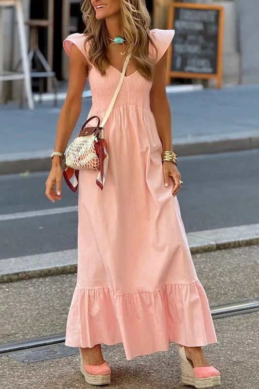 Pink V Neck Flutter Sleeve Smocked Bodice Maxi Dress - Love Salve