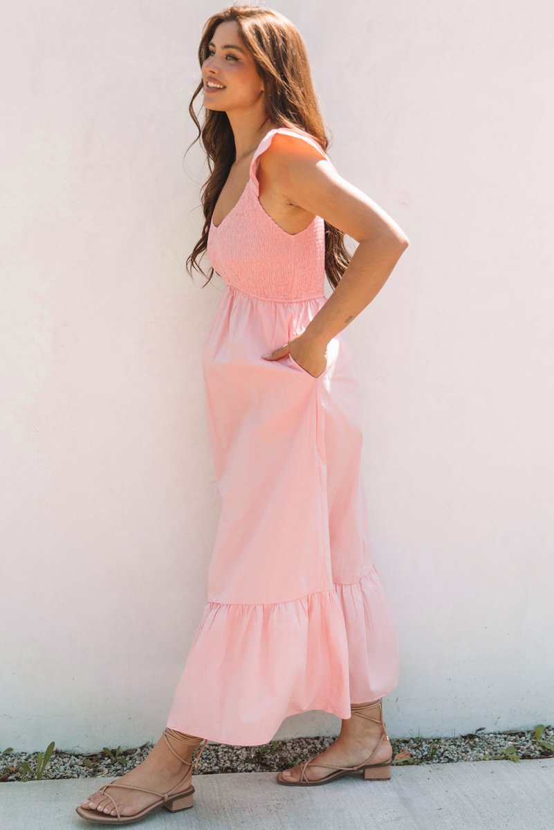 Pink V Neck Flutter Sleeve Smocked Bodice Maxi Dress - Love Salve