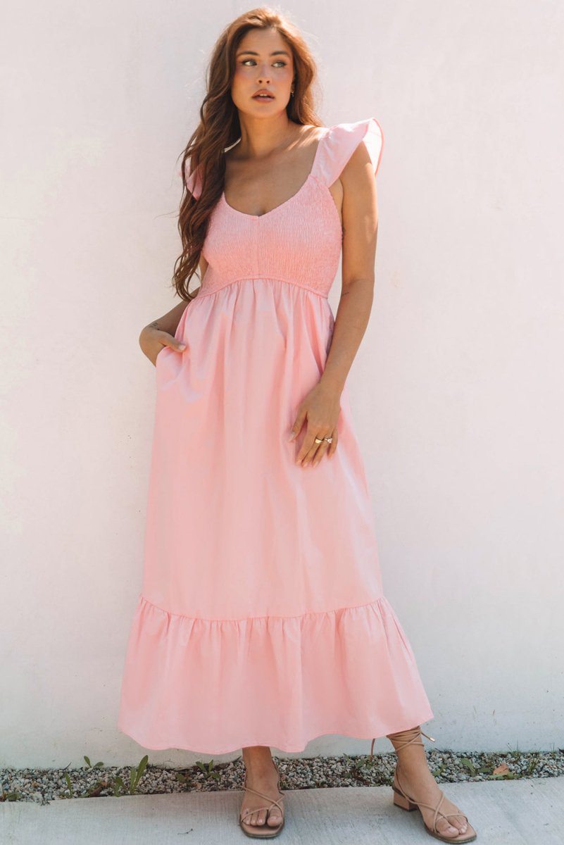 Pink V Neck Flutter Sleeve Smocked Bodice Maxi Dress - Love Salve