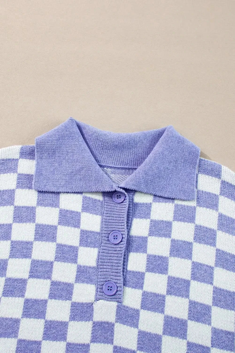 Plus Size Checkered Collared Neck Long Sleeve Sweater - Love Salve