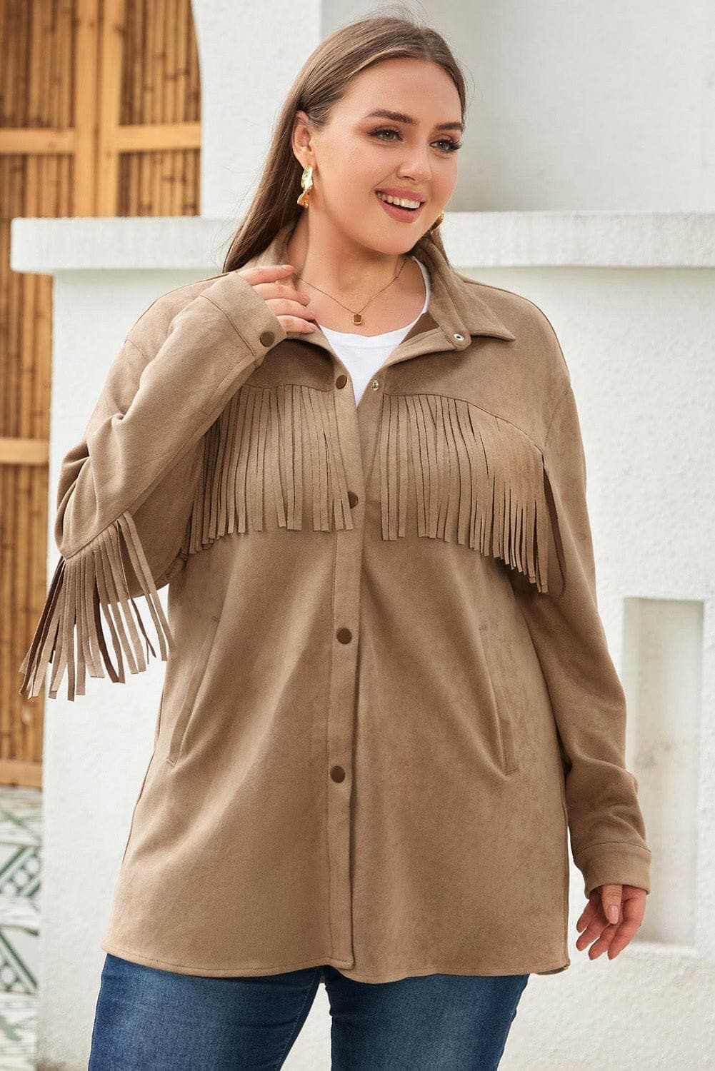 Plus Size Fringe Trim Snap Down Long Sleeve Shacket - Love Salve