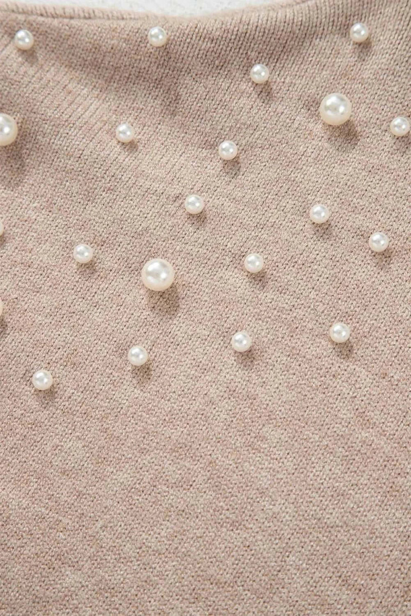 Plus Size Pearl Detail Round Neck Long Sleeve Sweater - Love Salve
