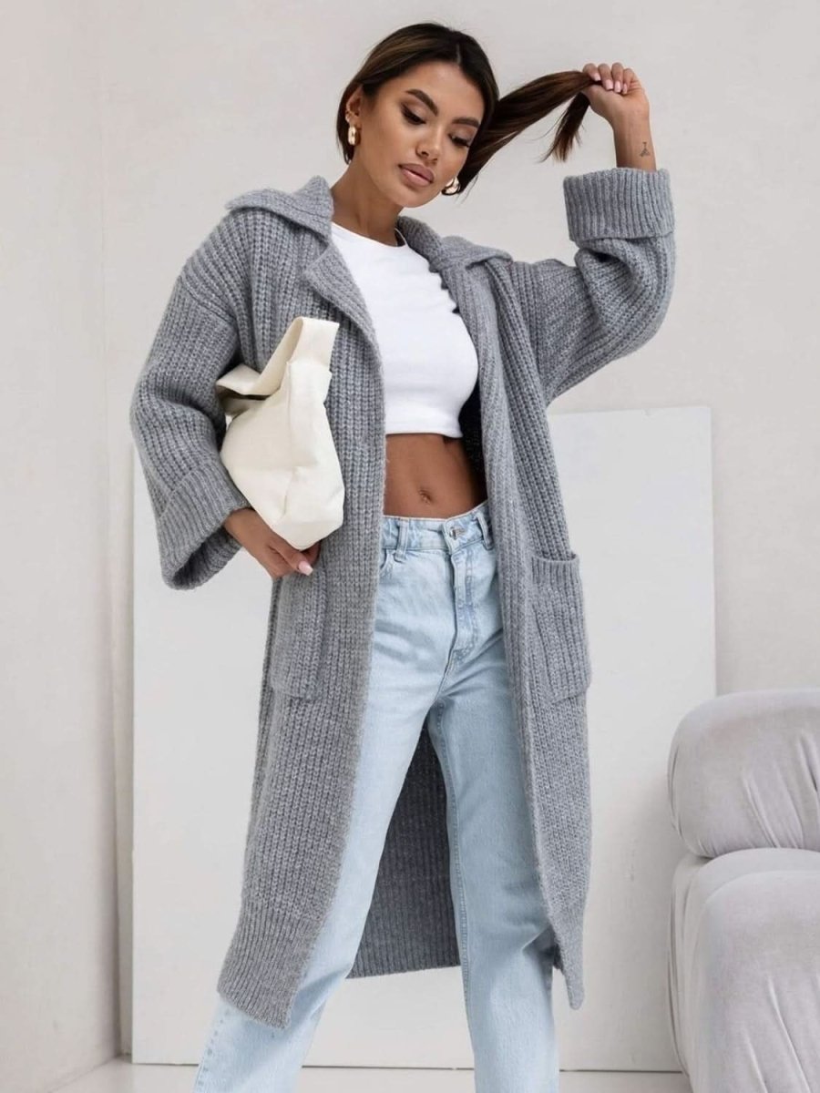Pocketed Collared Neck Dropped Shoulder Cardigan - Love Salve