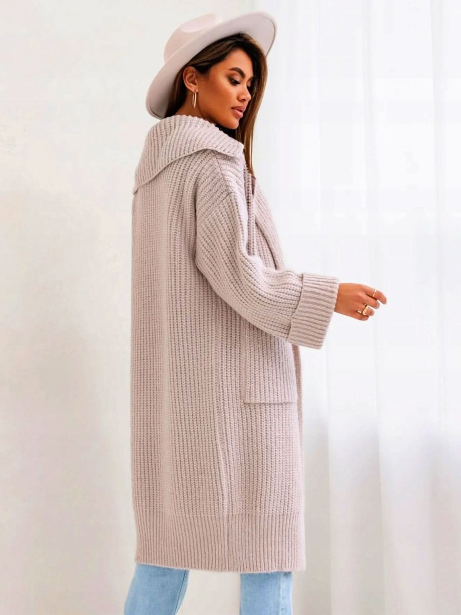 Pocketed Collared Neck Dropped Shoulder Cardigan - Love Salve