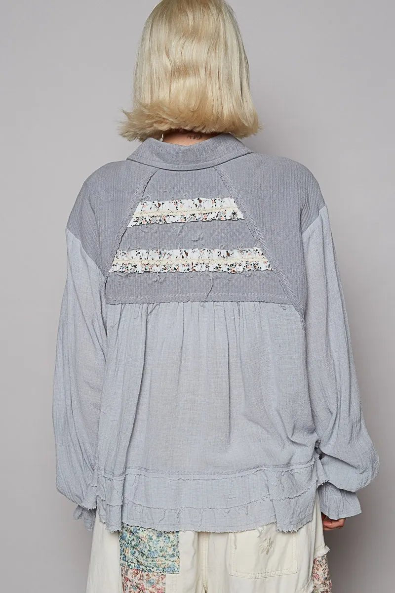 POL Button Down Floral Trim Ruffle Washed Shacket - Love Salve