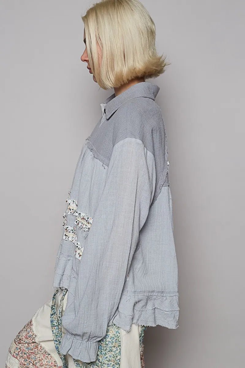 POL Button Down Floral Trim Ruffle Washed Shacket - Love Salve