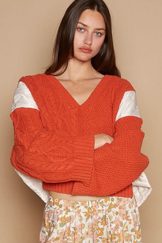 POL Cable Knit Quilting Patch V-Neck Contrast Sweater - Love Salve