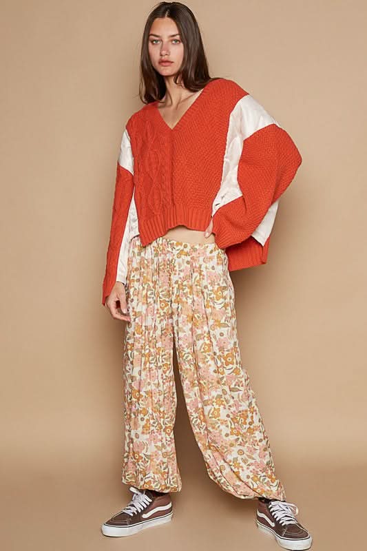 POL Cable Knit Quilting Patch V-Neck Contrast Sweater - Love Salve