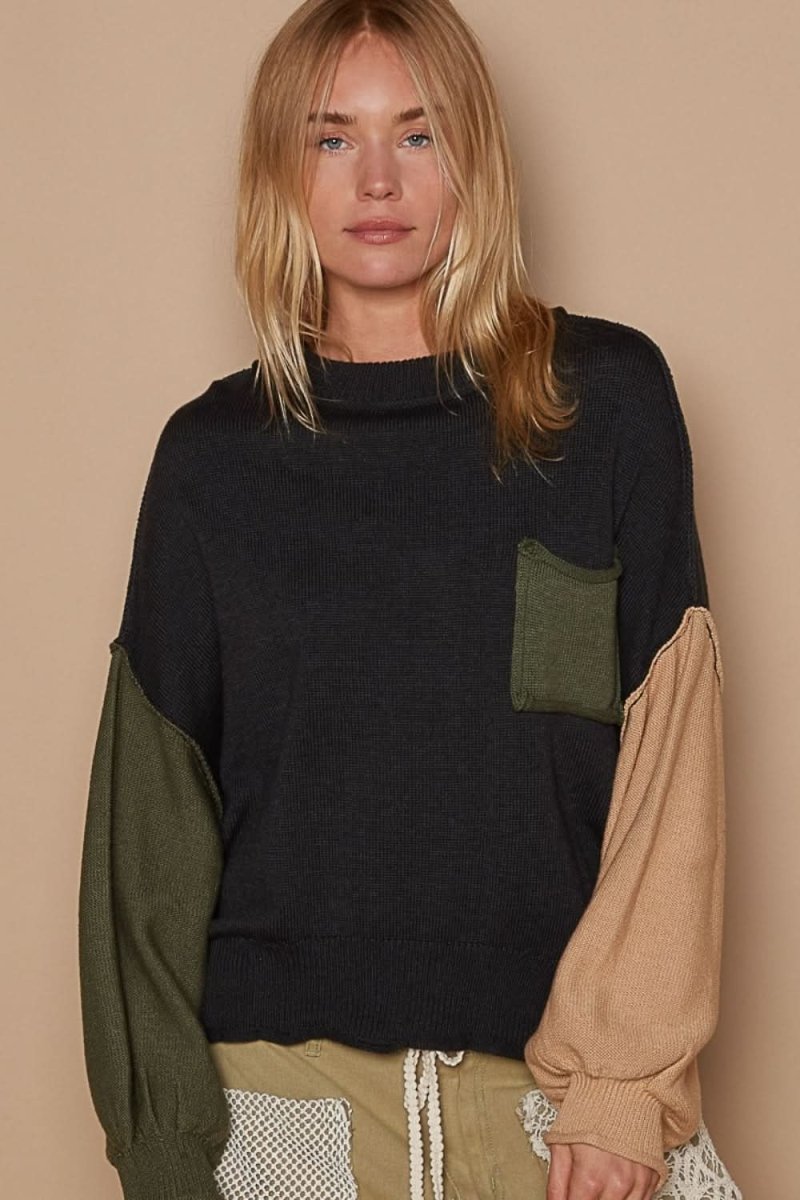 POL Color Block Roll Hem Hacci Sweater - Love Salve