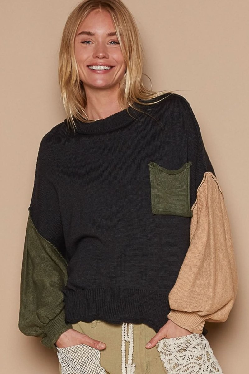 POL Color Block Roll Hem Hacci Sweater - Love Salve