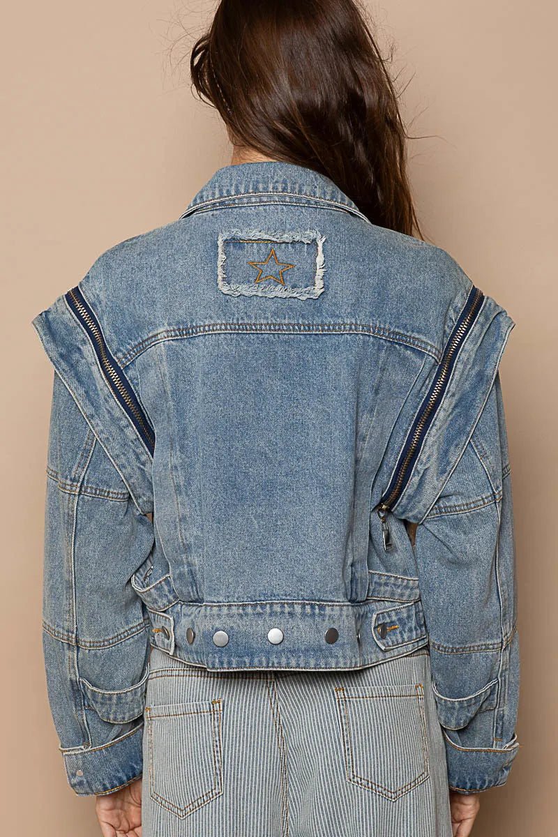 POL Cropped Denim Jacket with Functional Zipper Detail - Love Salve