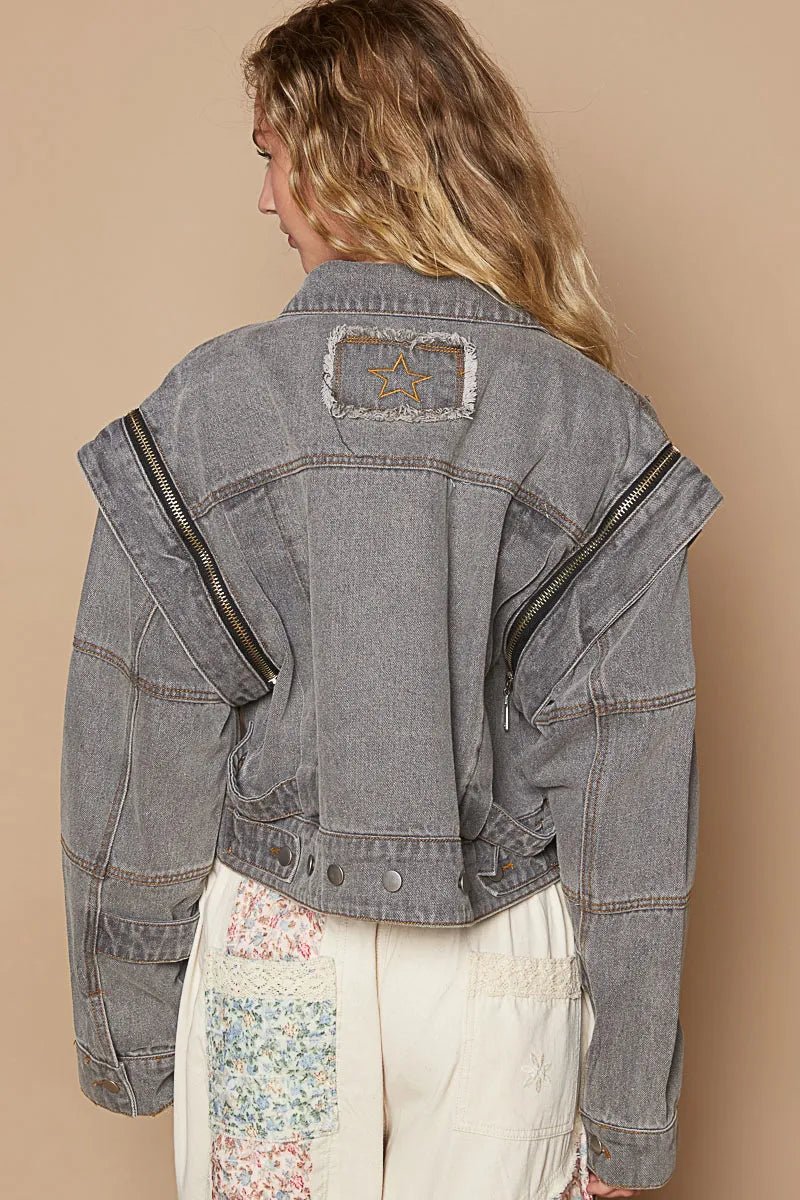 POL Cropped Denim Jacket with Functional Zipper Detail - Love Salve