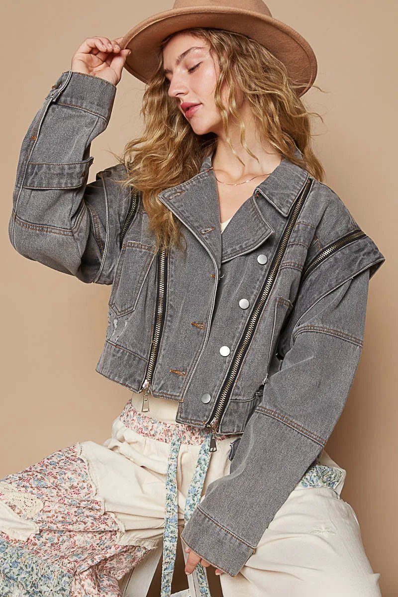POL Cropped Denim Jacket with Functional Zipper Detail - Love Salve