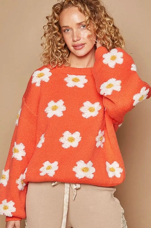 POL Daisy Pattern Drop Shoulder Sweater - Love Salve