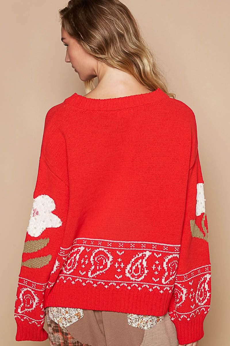POL Flower Lace Patch Long Sleeve Sweater - Love Salve