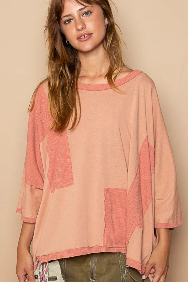 POL Frayed Edge Patchwork Oversized T-Shirt for Women - Love Salve