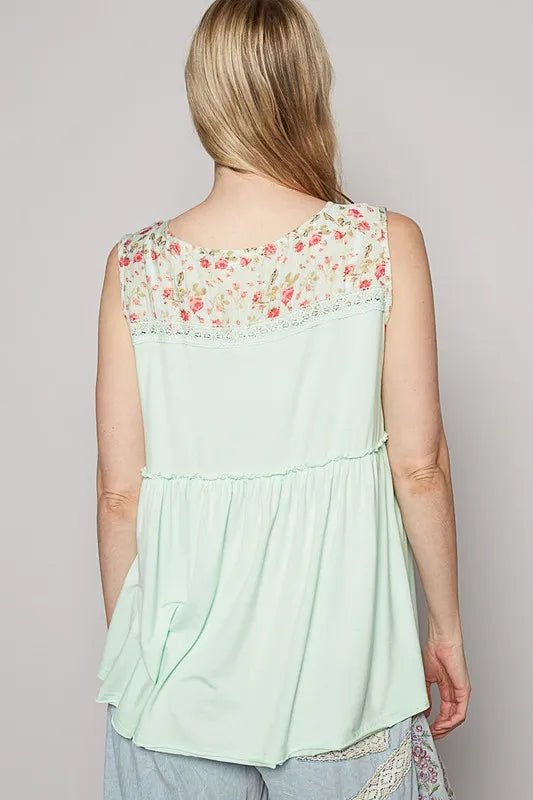 POL Lace Detail Frill Floral V-Neck Sleeveless Top for Women - Love Salve