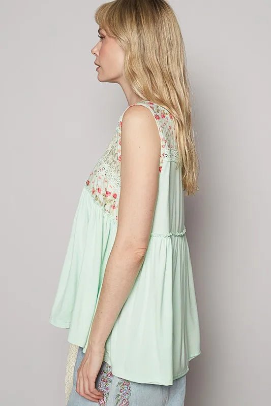 POL Lace Detail Frill Floral V-Neck Sleeveless Top for Women - Love Salve