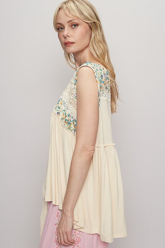 POL Lace Detail Frill Floral V-Neck Sleeveless Top Women - Love Salve