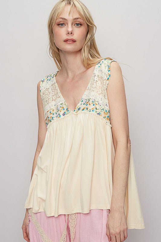 POL Lace Detail Frill Floral V-Neck Sleeveless Top Women - Love Salve