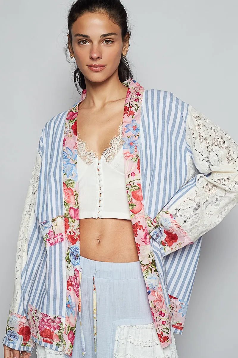 POL Lace Long Sleeve Striped Cardigan with Floral Patchwork Detail - Love Salve