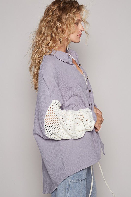 POL Openwork Lantern Sleeve Button Down Gauze Shirt for Women - Love Salve