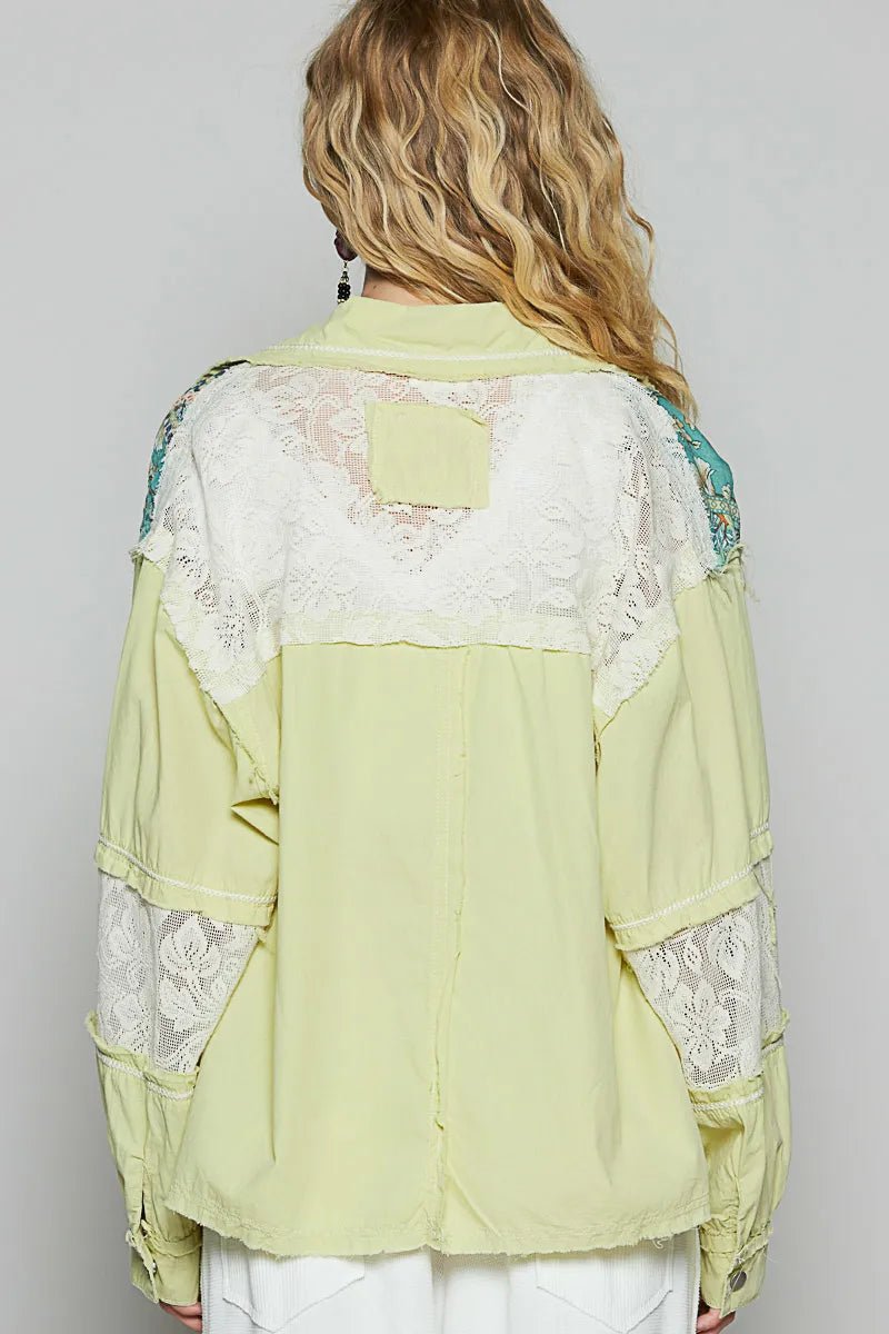 POL Printed Woven Mix Raw Hem Jacket with Lace Detail - Love Salve
