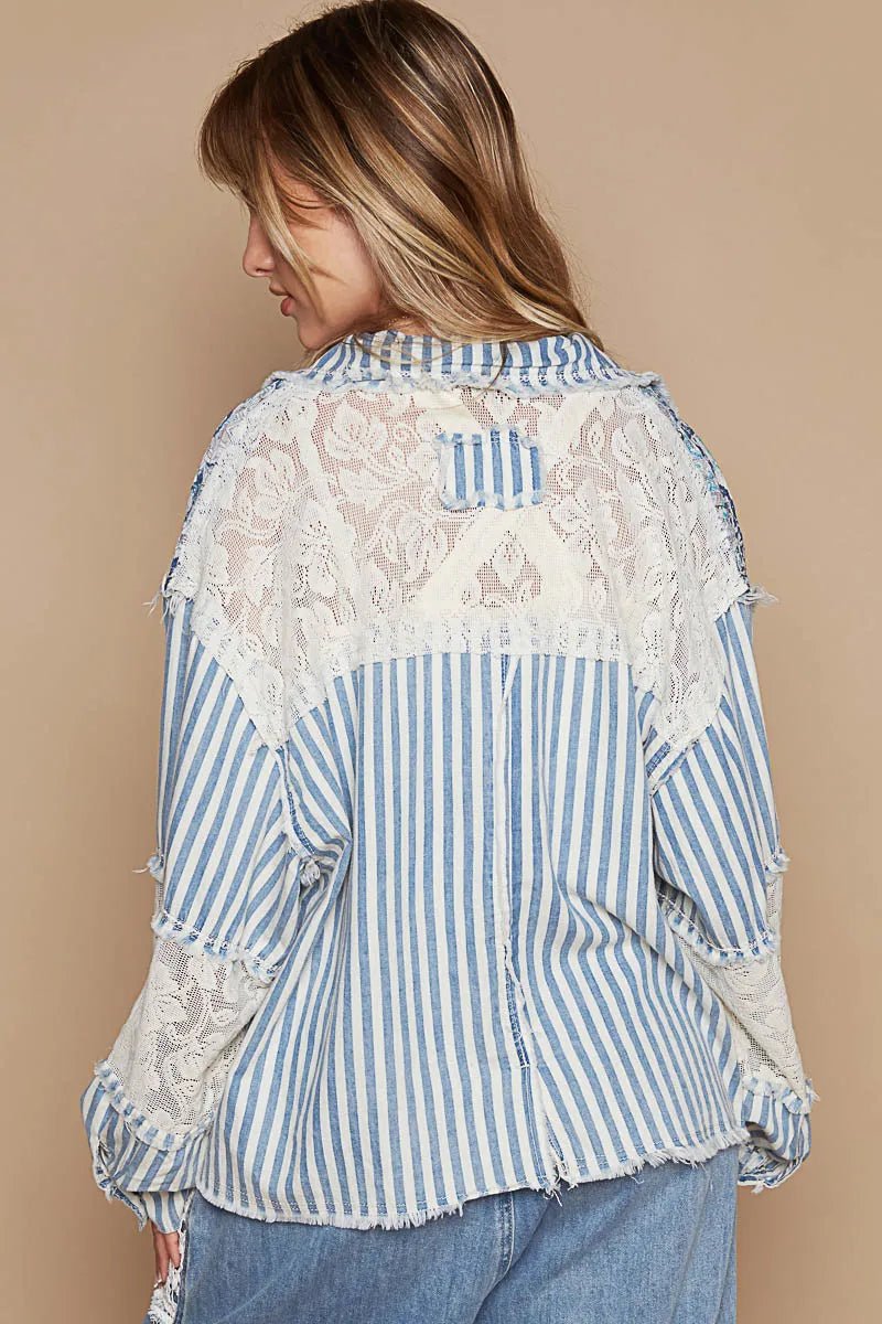 POL Printed Woven Mix Raw Hem Jacket with Lace Detail - Love Salve