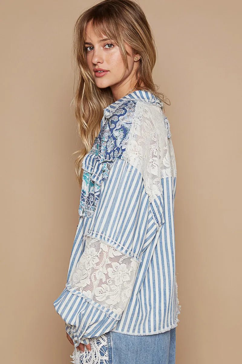 POL Printed Woven Mix Raw Hem Jacket with Lace Detail - Love Salve