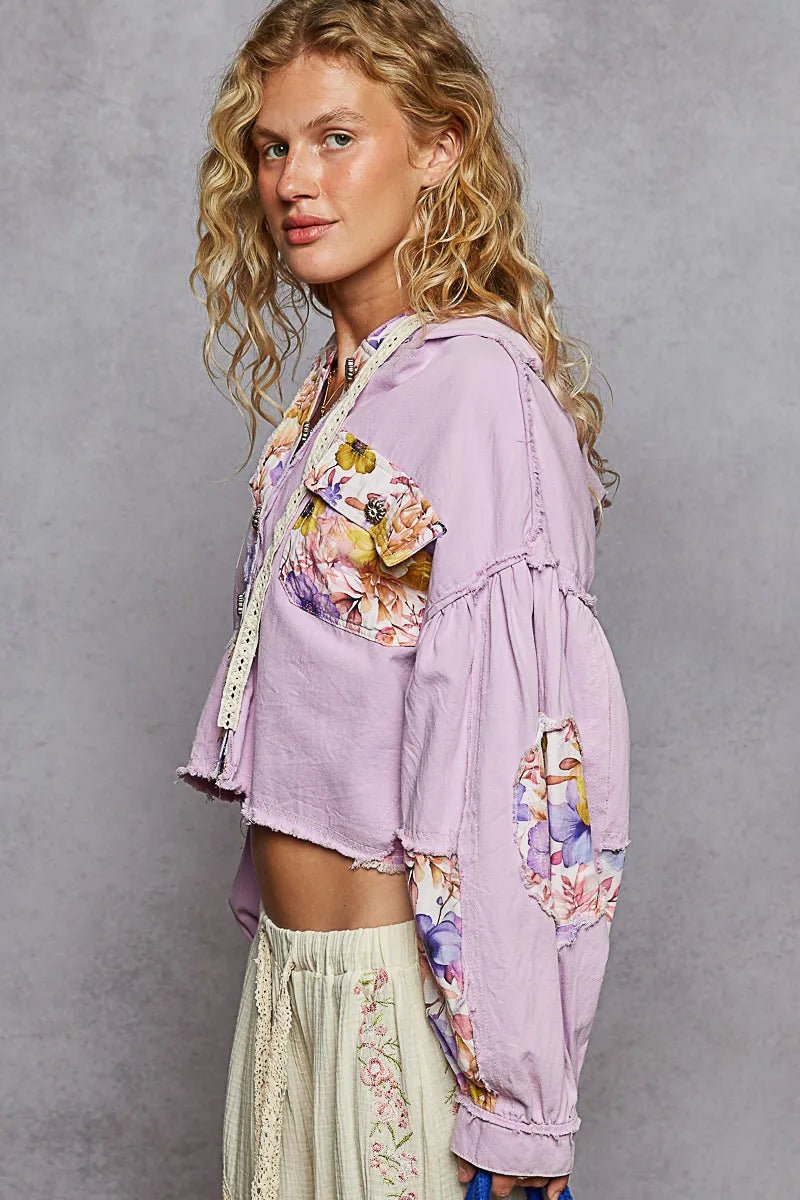 POL Raw Hem Floral Print Cropped Hooded Jacket - Love Salve