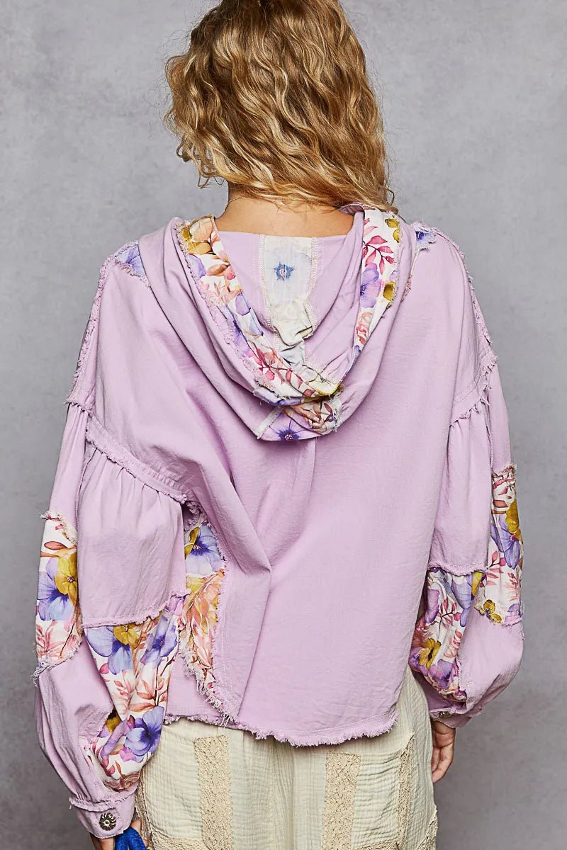 POL Raw Hem Floral Print Cropped Hooded Jacket - Love Salve