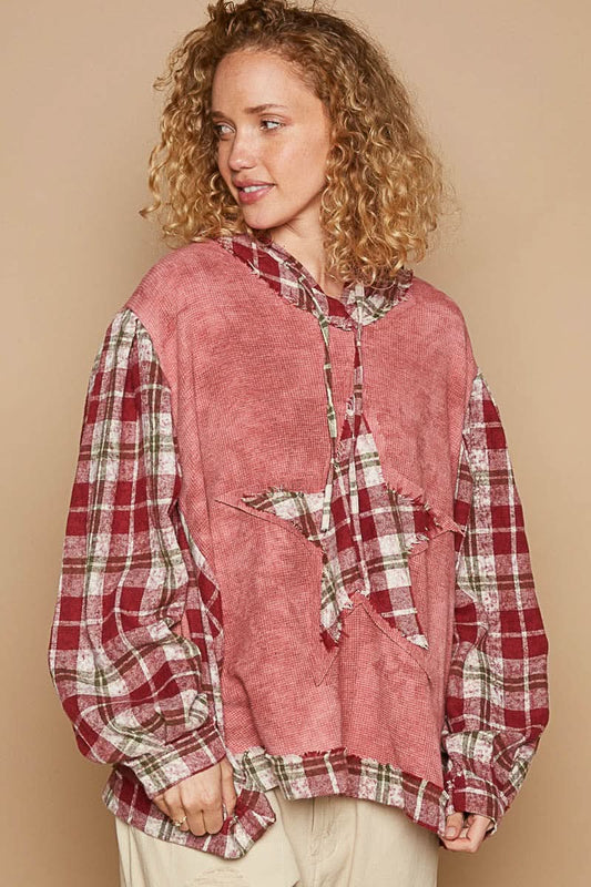 POL Star Patch Plaid Long Sleeve Hooded Top - Love Salve