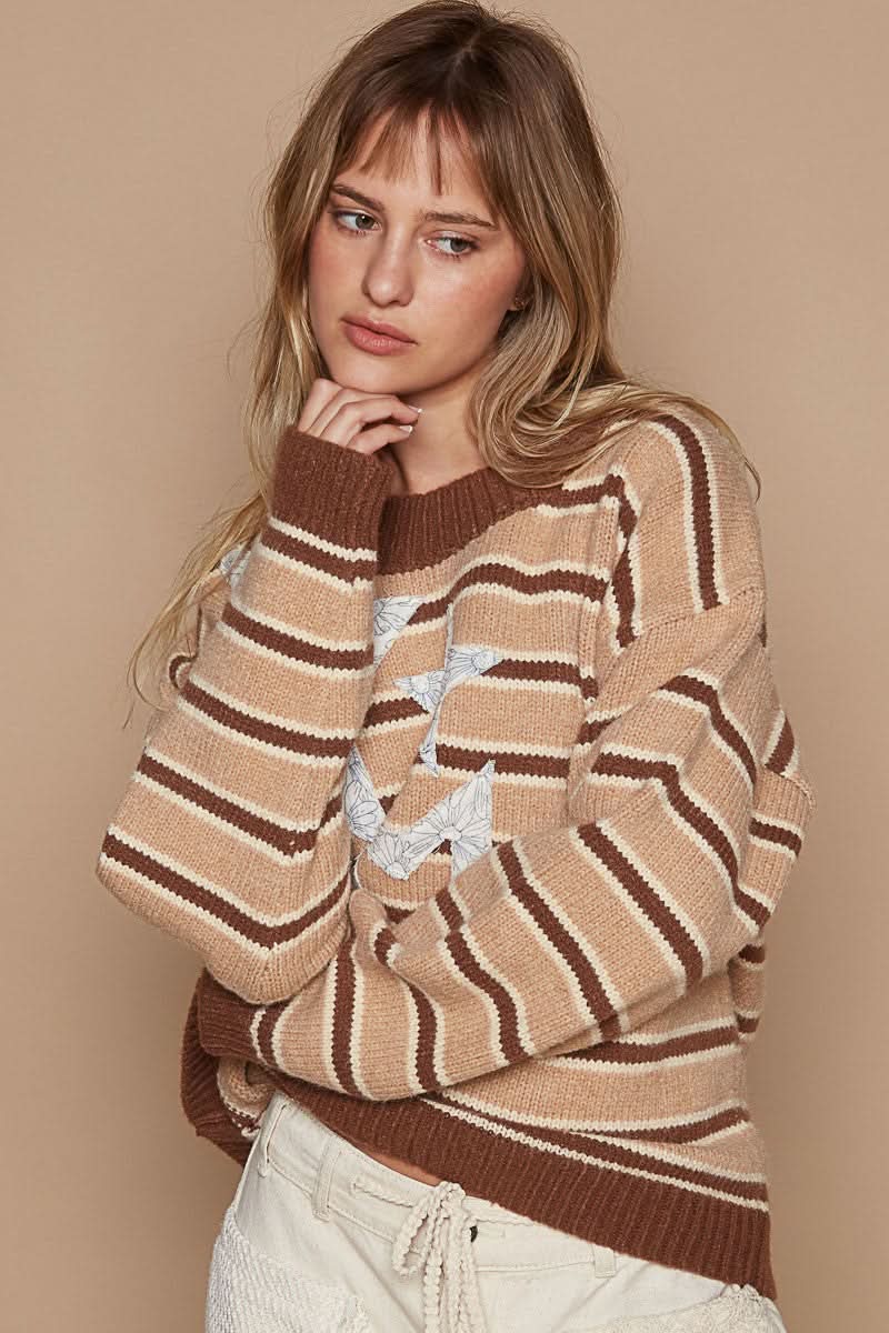 POL Star Patch Stripe Round Neck Sweater - Love Salve