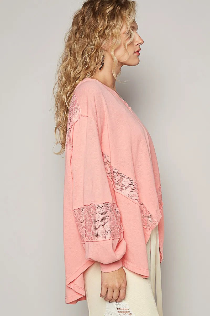 POL V - Neck Long Sleeve T-Shirt with Lace Detail - Love Salve