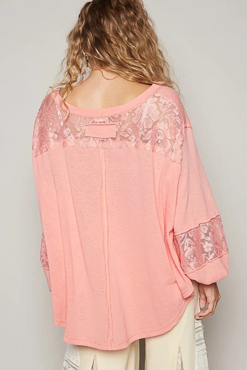 POL V - Neck Long Sleeve T-Shirt with Lace Detail - Love Salve