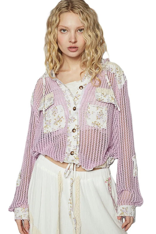 POL Vintage Washed Crochet Hoodie Jacket With Patchwork - Love Salve