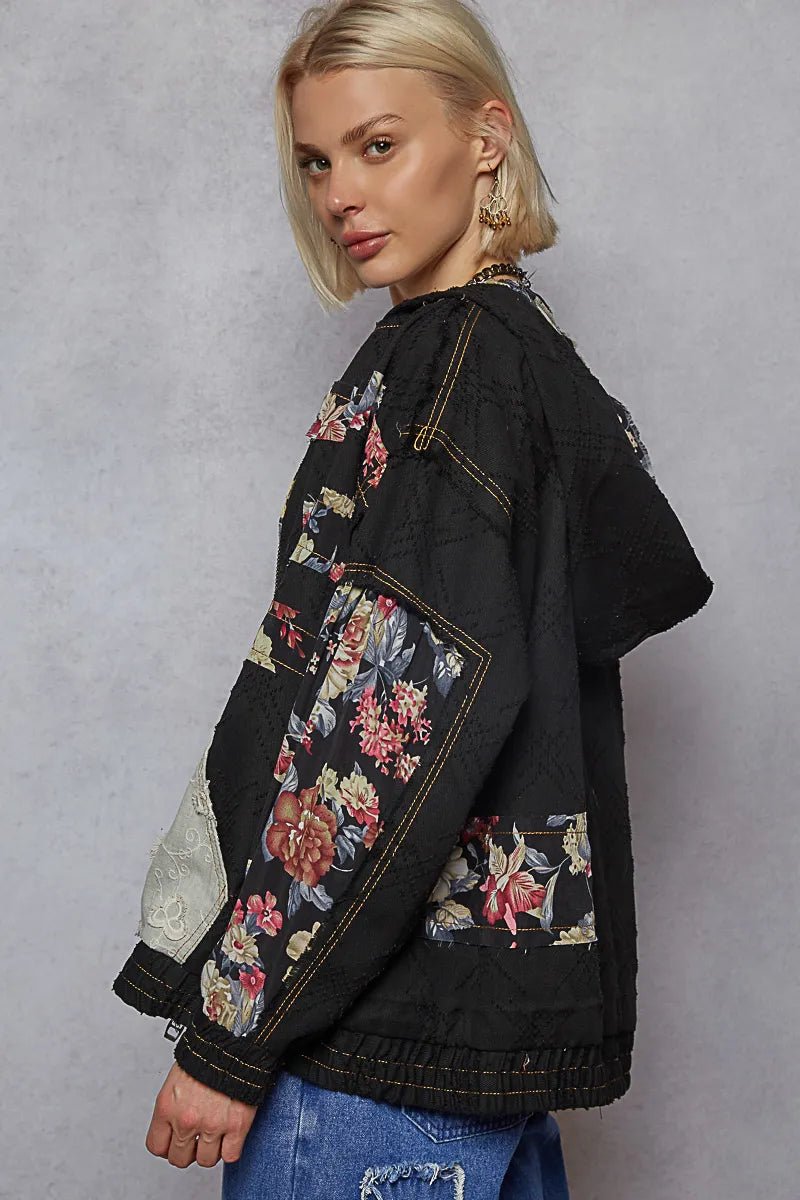 POL Zip Up Floral and Lace Patch Washed Jacket - Love Salve