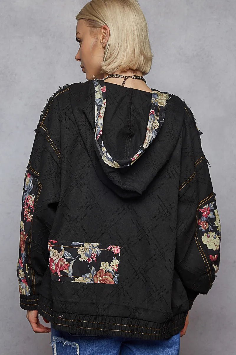 POL Zip Up Floral and Lace Patch Washed Jacket - Love Salve