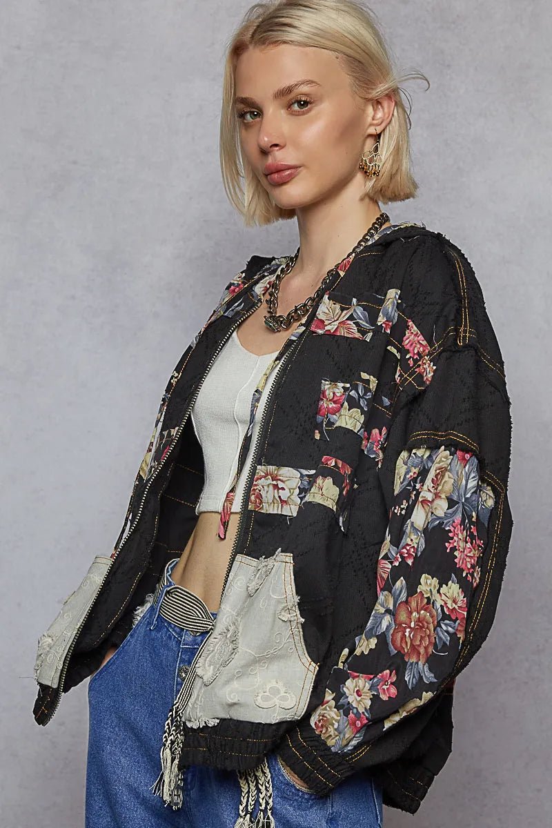 POL Zip Up Floral and Lace Patch Washed Jacket - Love Salve