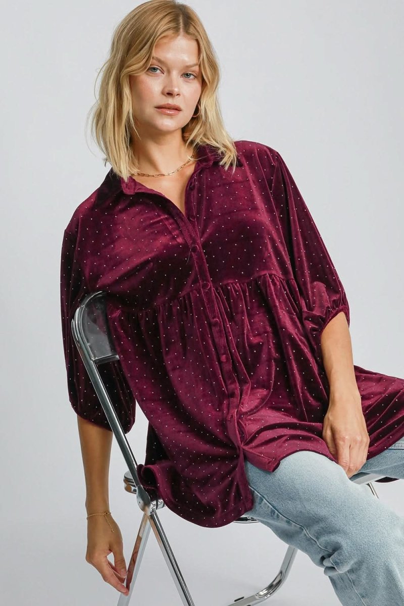 Polka Dot Button-Up Half Sleeve Blouse by Umgee - Love Salve