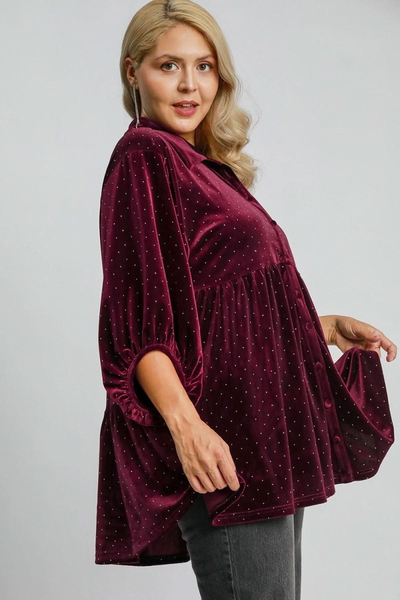 Polka Dot Button-Up Half Sleeve Blouse by Umgee - Love Salve