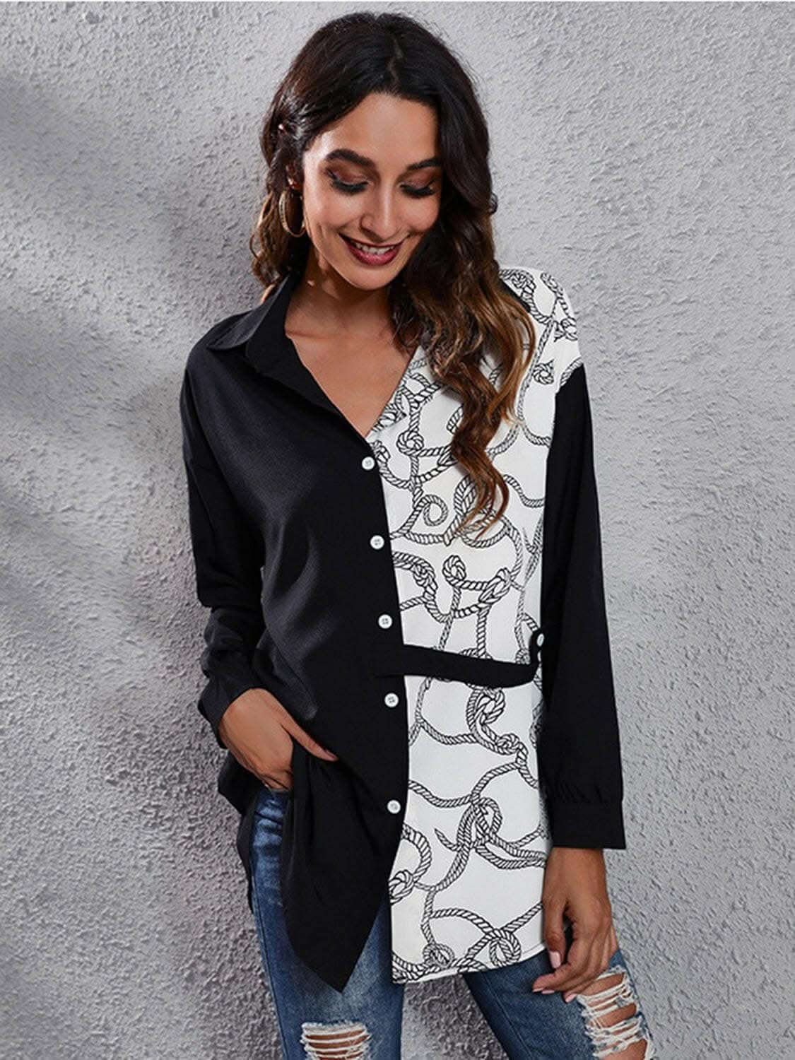 Chic graphic print blouse, collar - Love Salve
