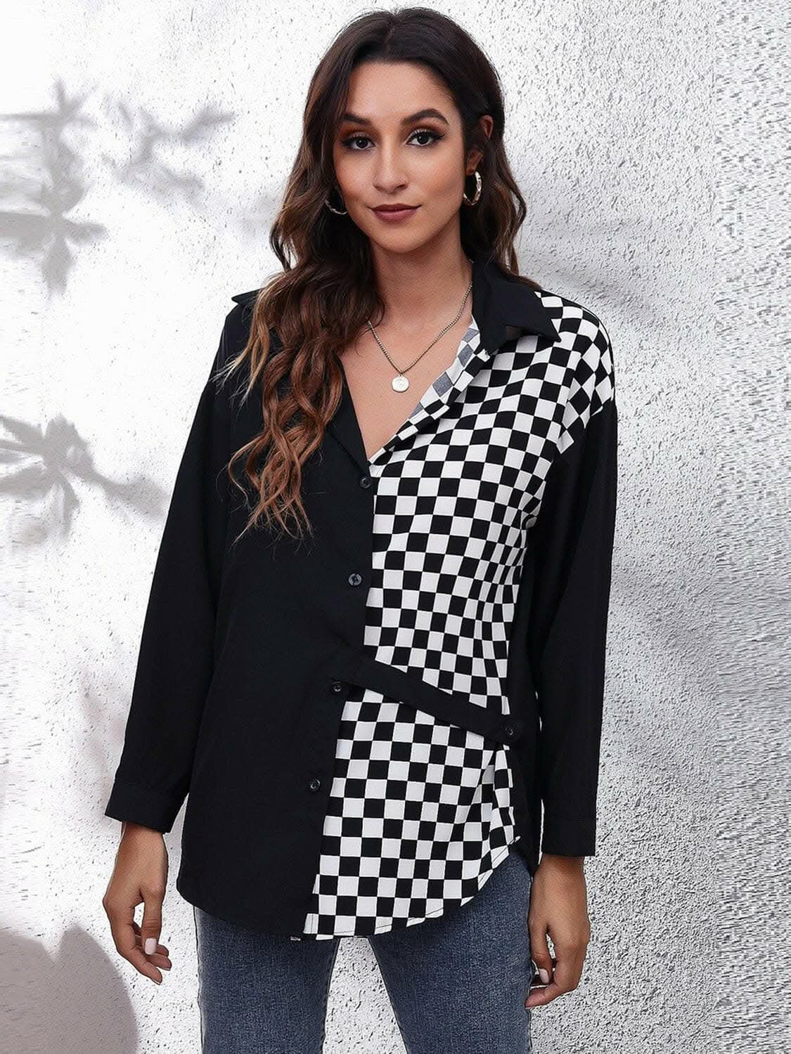 Chic graphic print blouse, collar - Love Salve