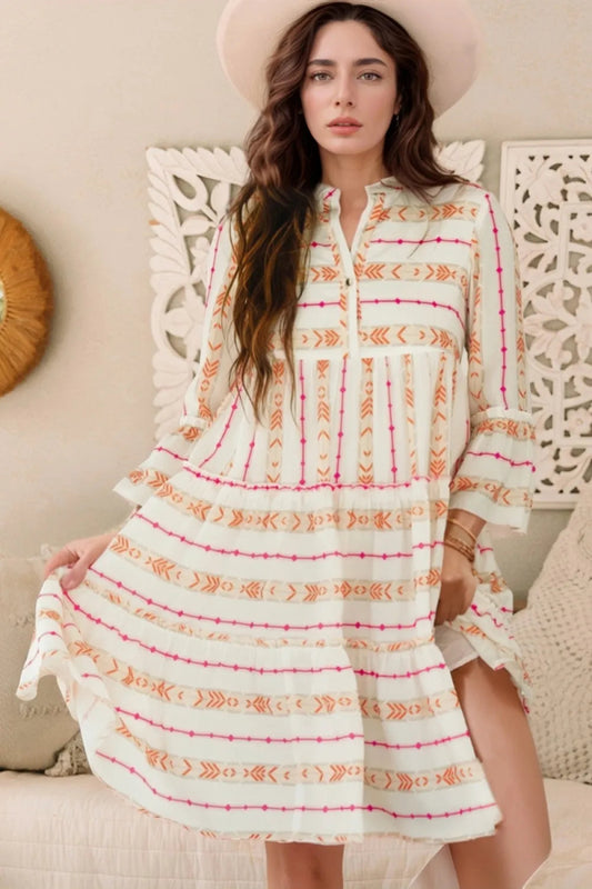 Printed Ruffled Notched Loose Dress for Effortless Style - Love Salve
