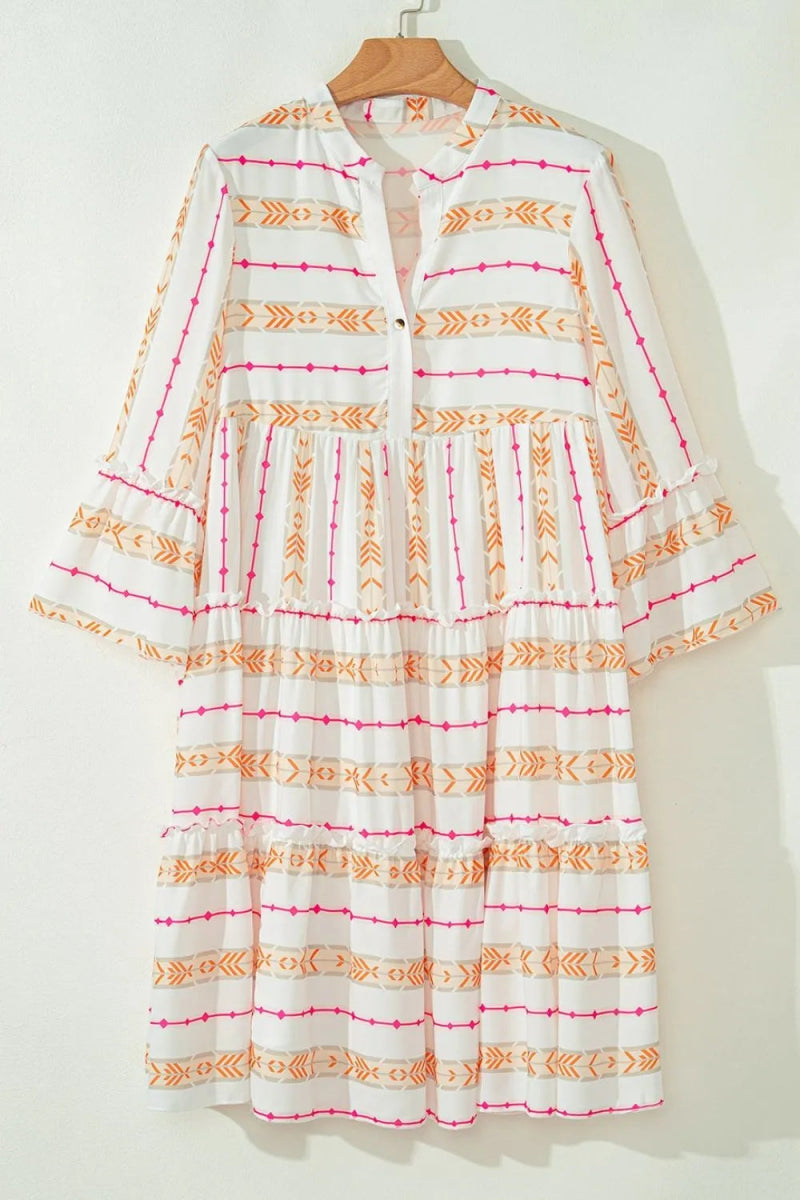 Printed Ruffled Notched Loose Dress for Effortless Style - Love Salve