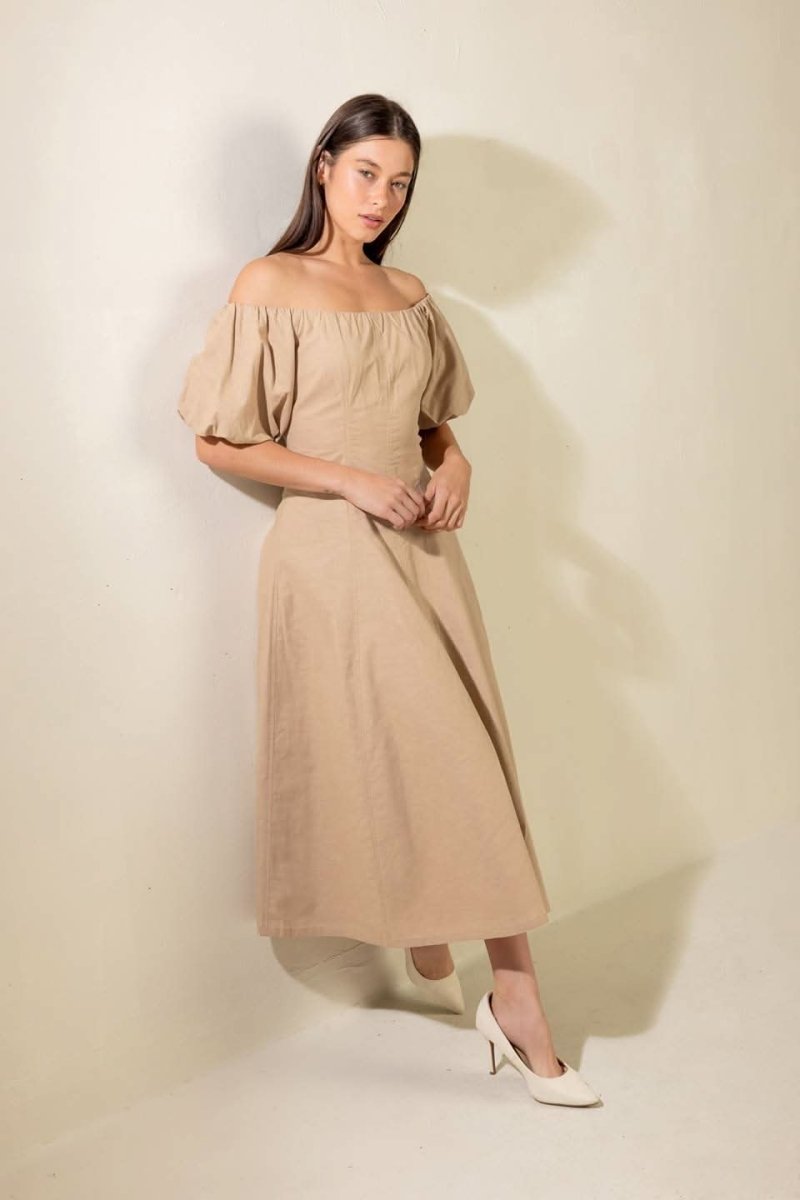 PROTECTING MY PEACE TAUPE WOVEN MIDI DRESS - Love Salve